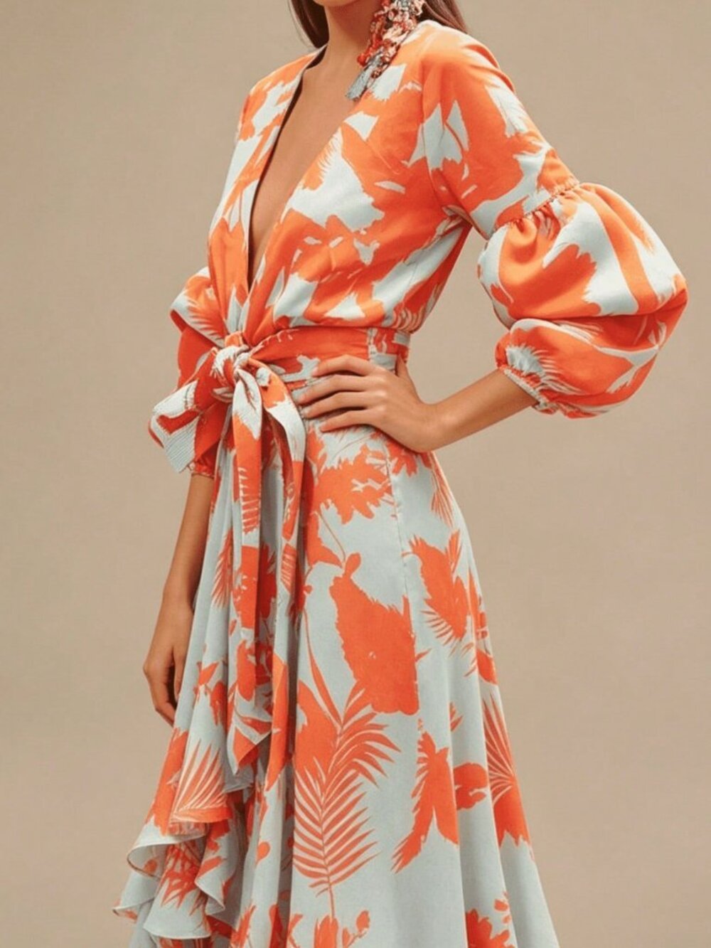 Red Elegant Women's A-Line V Neck & Kimono Sleeves Tropical Print Maxi Dress - Picture 2 of 4